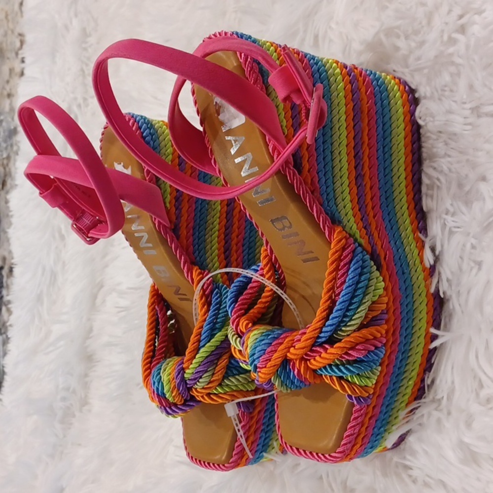 Gianni Bini Rainbow Striped Platform Sandals with Pink Straps - Picture 5 of 16